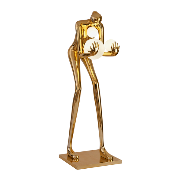 Lampa podłogowa WOMAN-2 – designerska, złota figura kobiety z białymi kloszami 190 cm
