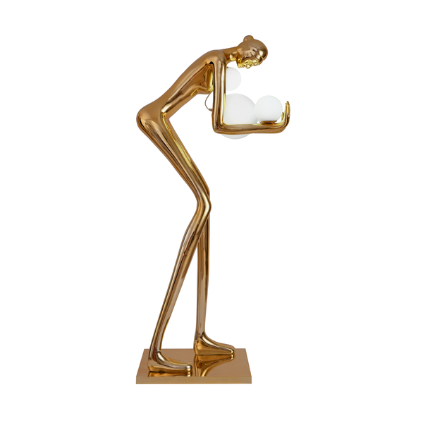 Lampa podłogowa WOMAN-2 – designerska, złota figura kobiety z białymi kloszami 190 cm