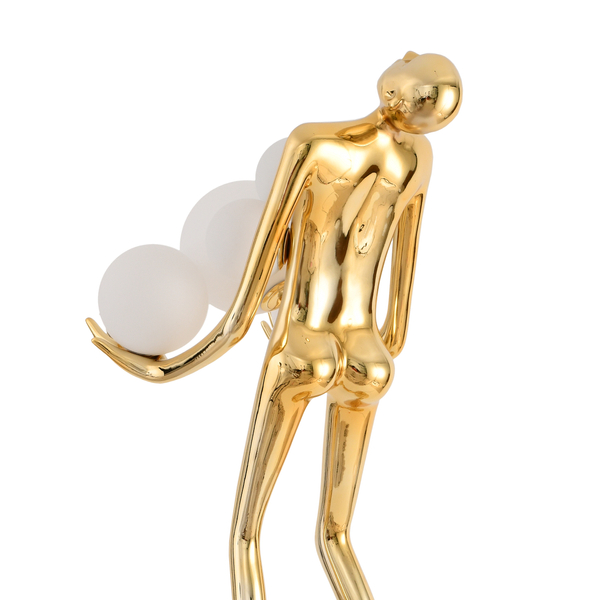 Lampa podłogowa WOMAN – designerska, złota figura kobiety z białymi kloszami 180 cm