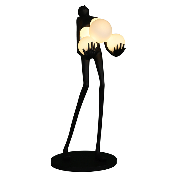 Lampa podłogowa WOMAN – designerska,czarna figura kobiety z białymi kloszami, 180 cm