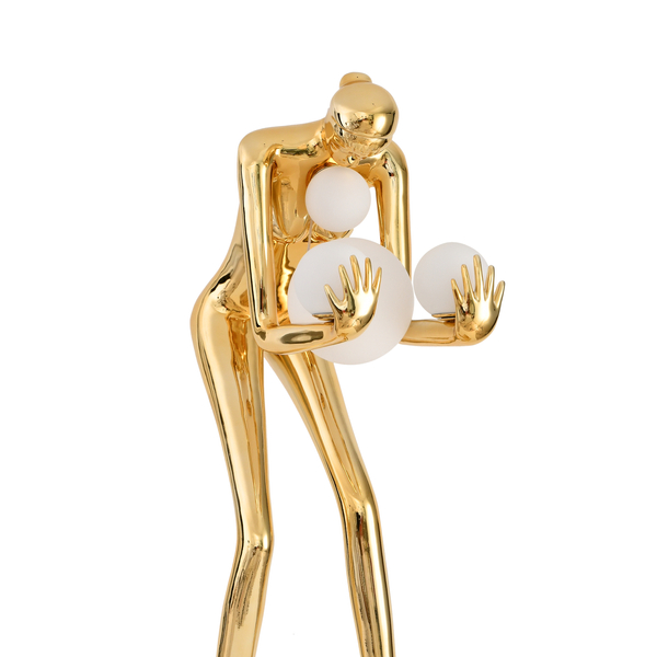 Lampa podłogowa WOMAN-2 – designerska, złota figura kobiety z białymi kloszami 190 cm