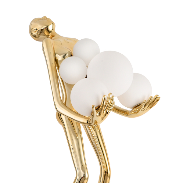Lampa podłogowa WOMAN – designerska, złota figura kobiety z białymi kloszami 180 cm
