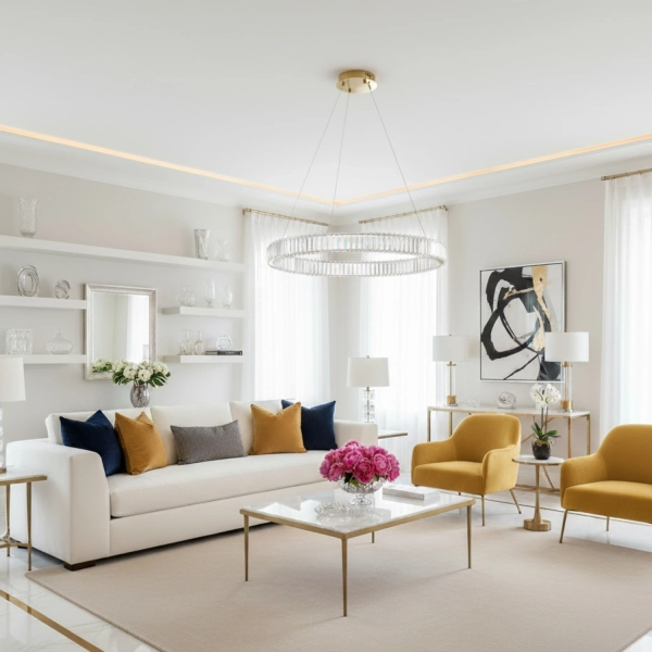 Lampa wisząca LED TIARA 80 cm - złota kryształowa okrągła, do salonu