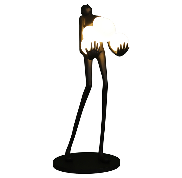 Lampa podłogowa WOMAN – designerska,czarna figura kobiety z białymi kloszami, 180 cm