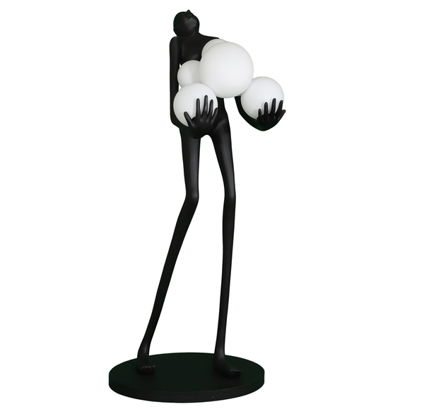 Lampa podłogowa WOMAN – designerska,czarna figura kobiety z białymi kloszami, 180 cm