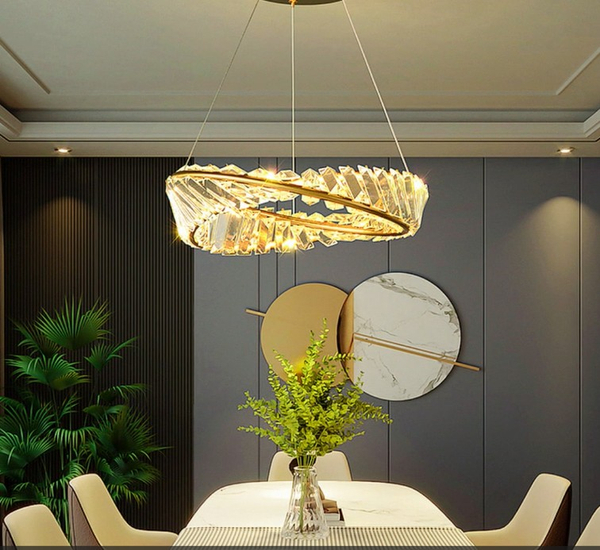Lampa wisząca TWIST ROUND LED 40 cm - kryształowa złota lampa glamour do salonu 