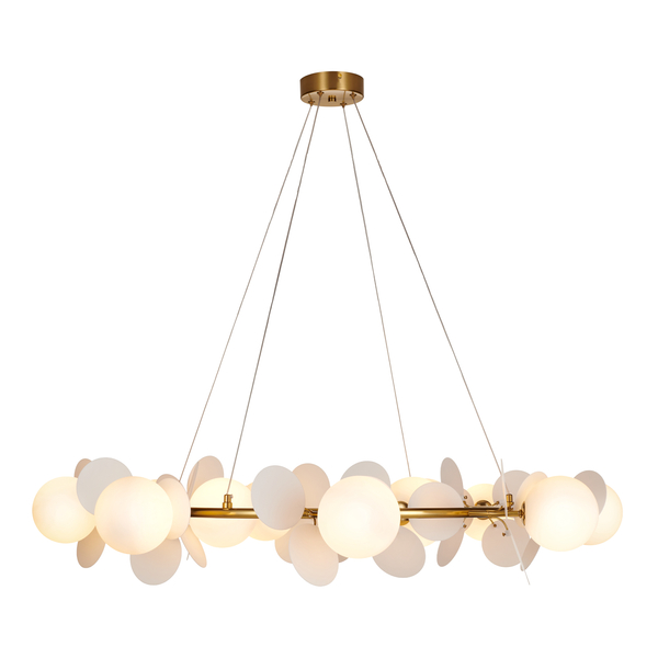 Lampa wisząca złota obręcz białe kule botaniczna glamour CHIC 105 cm 